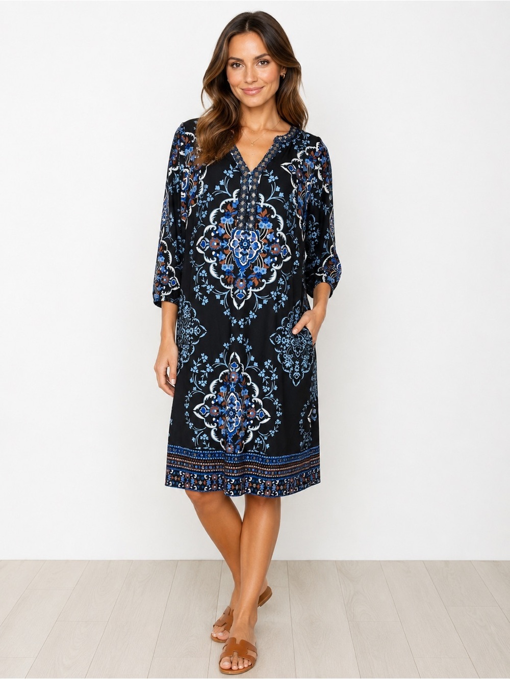 Soft Surroundings Black Midi Dress with Blue Floral Medallion Print